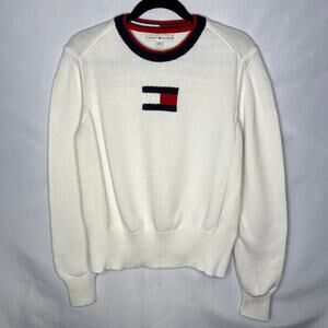 Vintage Tommy Hilfiger Flag Logo Off White Knit Cotton Sweater Womans Large